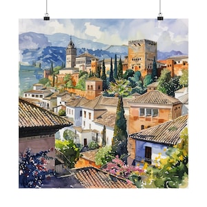 Granada Painting, Southern Spain Art Print, Andalusia Art, Medieval Architecture, Alhambra, Spanish Travel Art, Travel Gift, Europe Poster