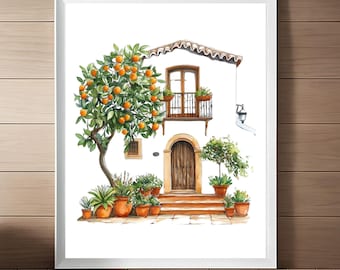 Spain Watercolor Print: Orange Tree, Mediterranean Kitchen Art (Digital Download)