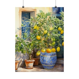 May include: A watercolor painting of a lemon tree with ripe yellow lemons in a blue and white ceramic pot. The tree is growing in a courtyard with a tiled wall and a window in the background.