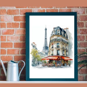 Paris Painting, Eiffel Tower Watercolor Art Print, Parisian Scene Corner Cafe, France Cityscape Wall Art, Spring Wall Decor Digital Download