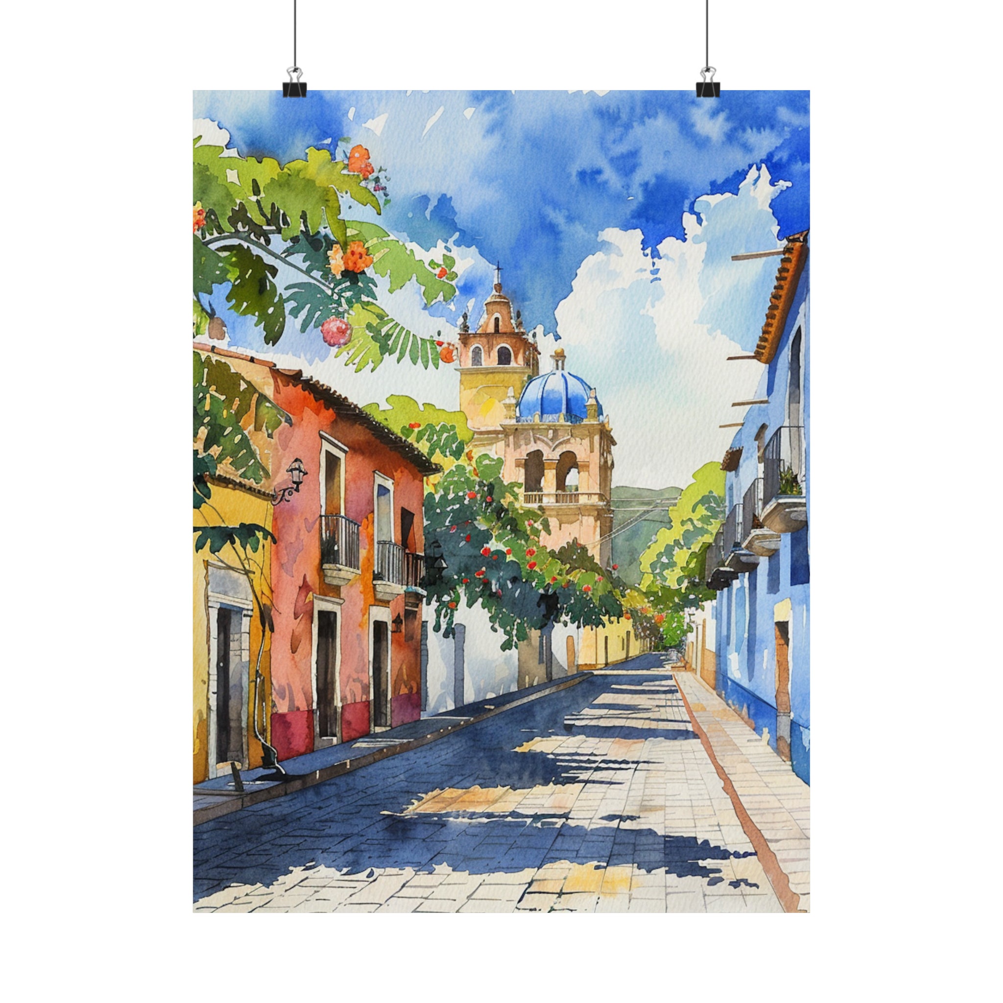 Oaxaca Mexico Poster, Oaxaca City Colorful Streetscape Watercolor
