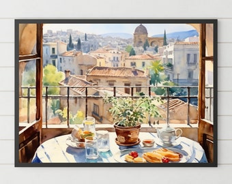 シチリアの朝食の絵画、イタリアの都市景観、水彩画、アートプリント