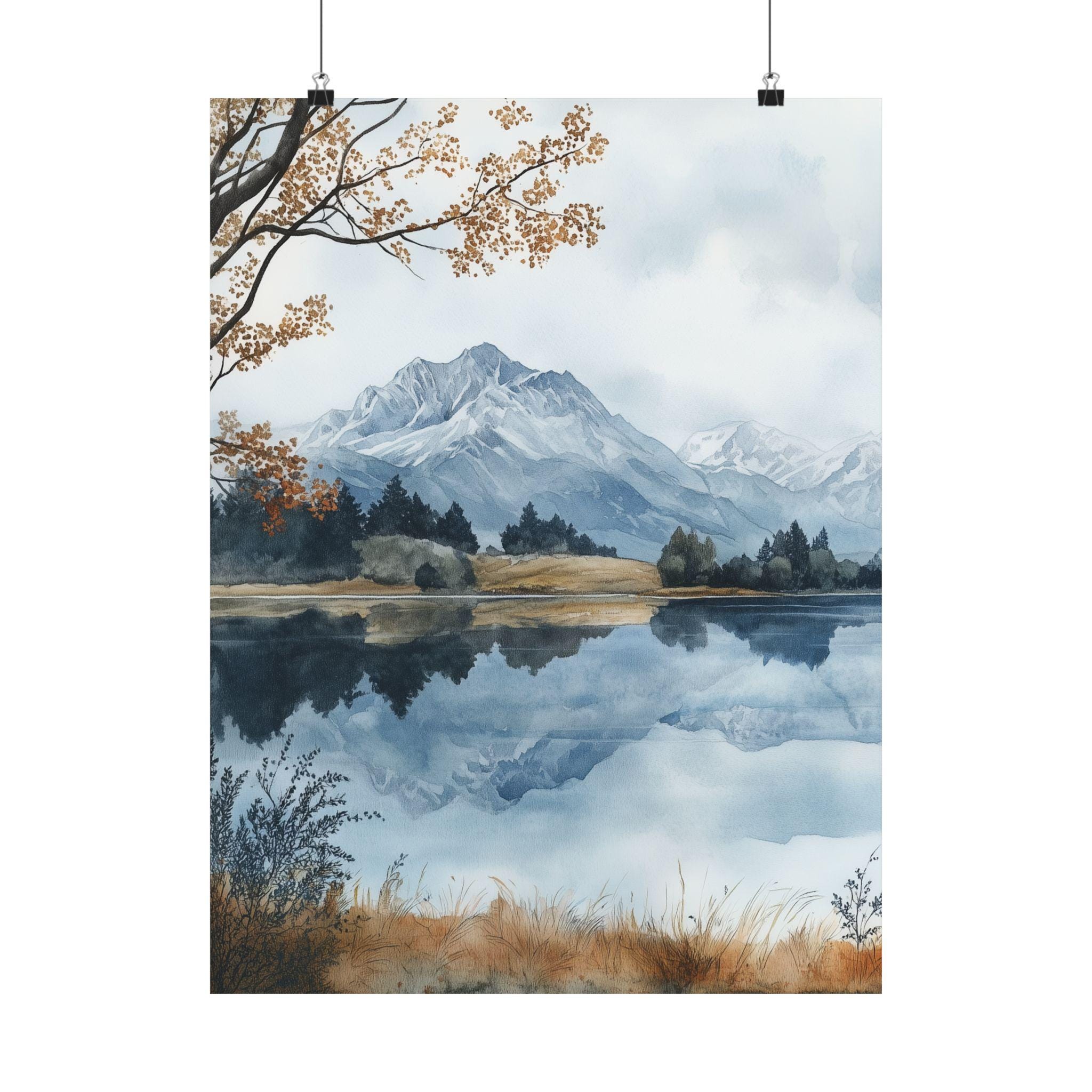 ニュージーランドの水彩画：秋の山と湖の風景（旅行ポスター） - Etsy 日本