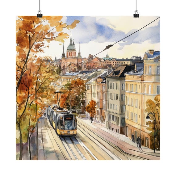 フィンランドの水彩画 ヘルシンキのアート、フィンランドの水彩画、路面電車のアートワーク