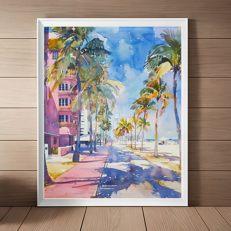 Miami South Beach Painting Florida Watercolor Art Print South Beach Boardwalk Beach Wall Art South Florida Travel Art