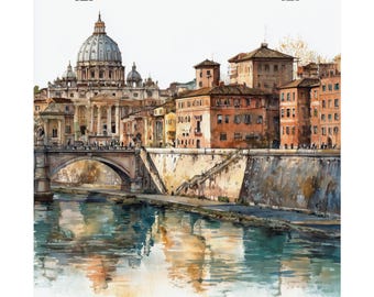 Impression d'art aquarelle de la Cité du Vatican : cadeau affiche de voyage Rome Italie