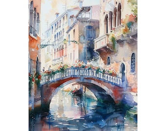 Peinture de Venise, impression d'art aquarelle sur le canal et la gondole, affiche de voyage à Venise, impression d'art mural en Italie