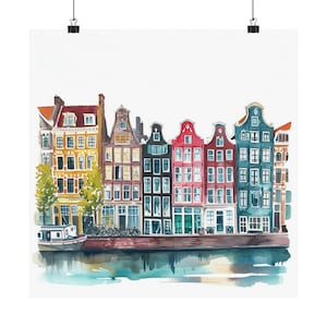 Amsterdam Painting Spring Cityscape Watercolor Art Print, Netherlands Illustration Spring Wall Decor, Amsterdam Wall Art, Travel Poster