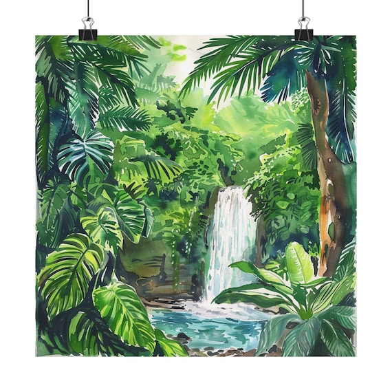アンティーク 風景画 自然画 湖 滝 森林 油彩画 油絵 アート 絵画 美術 原画】煌きの滝（水彩画）☆滝 森 自然 絵画インテリア