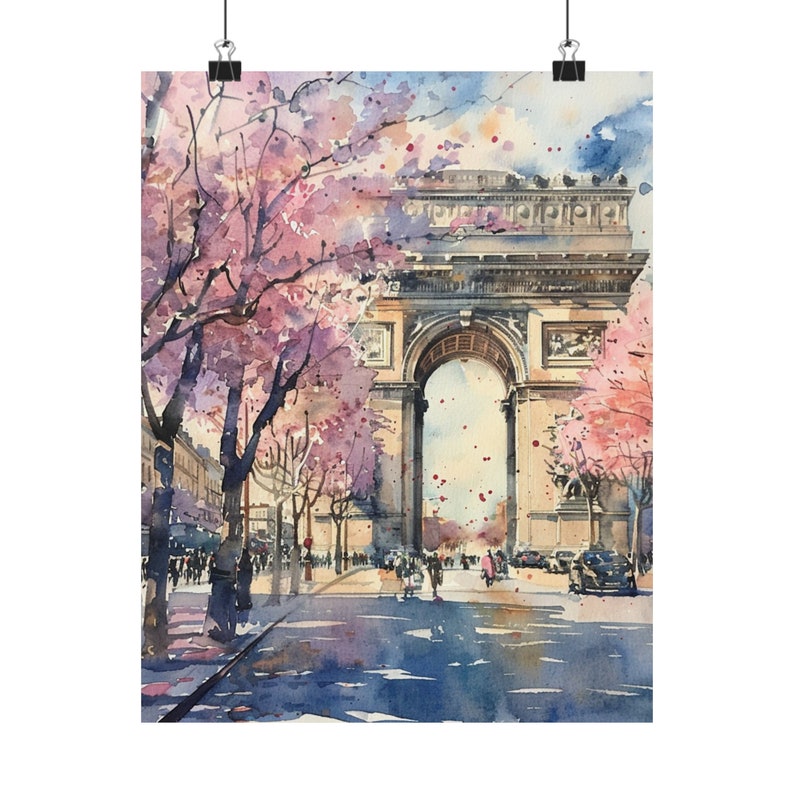 Paris Painting Arc de Triomphe Art Print, Spring Wall Art, French Cityscape Watercolor Print, France Travel Art
