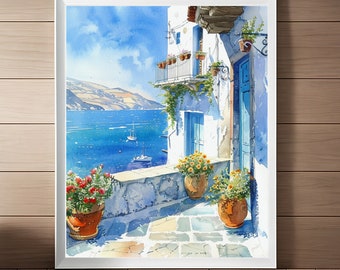 ギリシャ沿岸の海景画、ギリシャの壁画、エーゲ海の景色を望むギリシャ