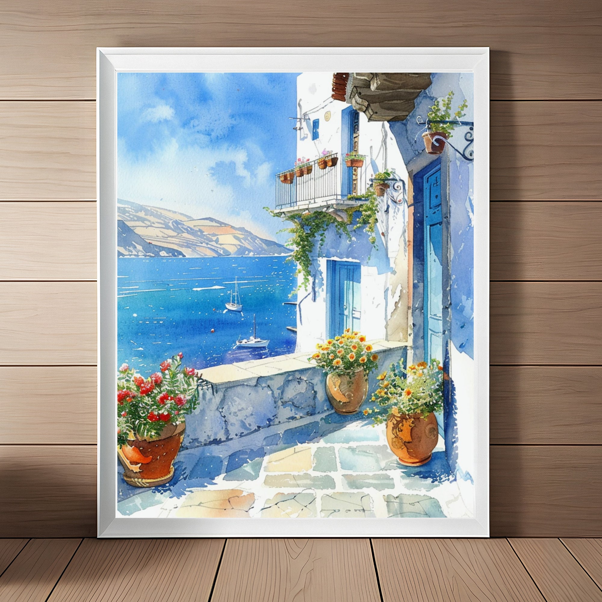 絵画　ギリシャ　スペイン　海　アート サントリーニ島の絵画 ギリシャの青いドーム エーゲ海の景色