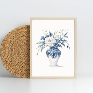 Chinoiserie Vase Set of 2 Art Prints, Blue White China Flowers Peony ...