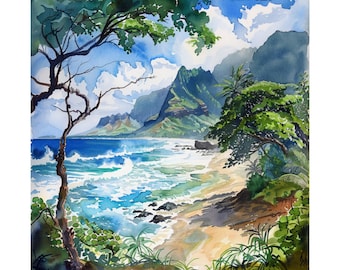 May include: Watercolor painting of a tropical beach scene with lush green foliage, a sandy beach, and turquoise blue ocean waves crashing on the shore. The painting features a dramatic mountain range in the background.