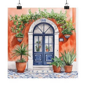 Lisbon Watercolor Print, Portugal Travel Gift, Vintage Blue Door Wall Art, Portuguese Wall Decor, European Door Painting, Streetscape Poster
