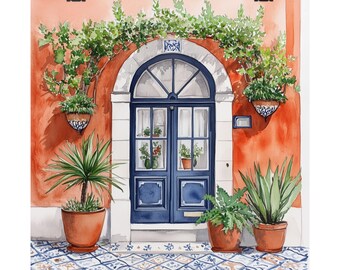Stampa acquerello di Lisbona, regalo di viaggio in Portogallo, decorazione murale vintage con porta blu, decorazione murale portoghese, dipinto su porta europea, poster di paesaggio urbano