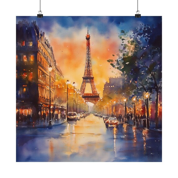 エッフェル塔の水彩画：パリの夜景アートプリントギフト - Etsy 日本