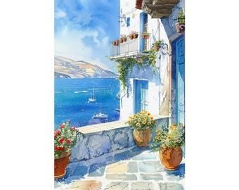 ギリシャ沿岸の海景画、ギリシャの壁画、エーゲ海の景色を望むギリシャ