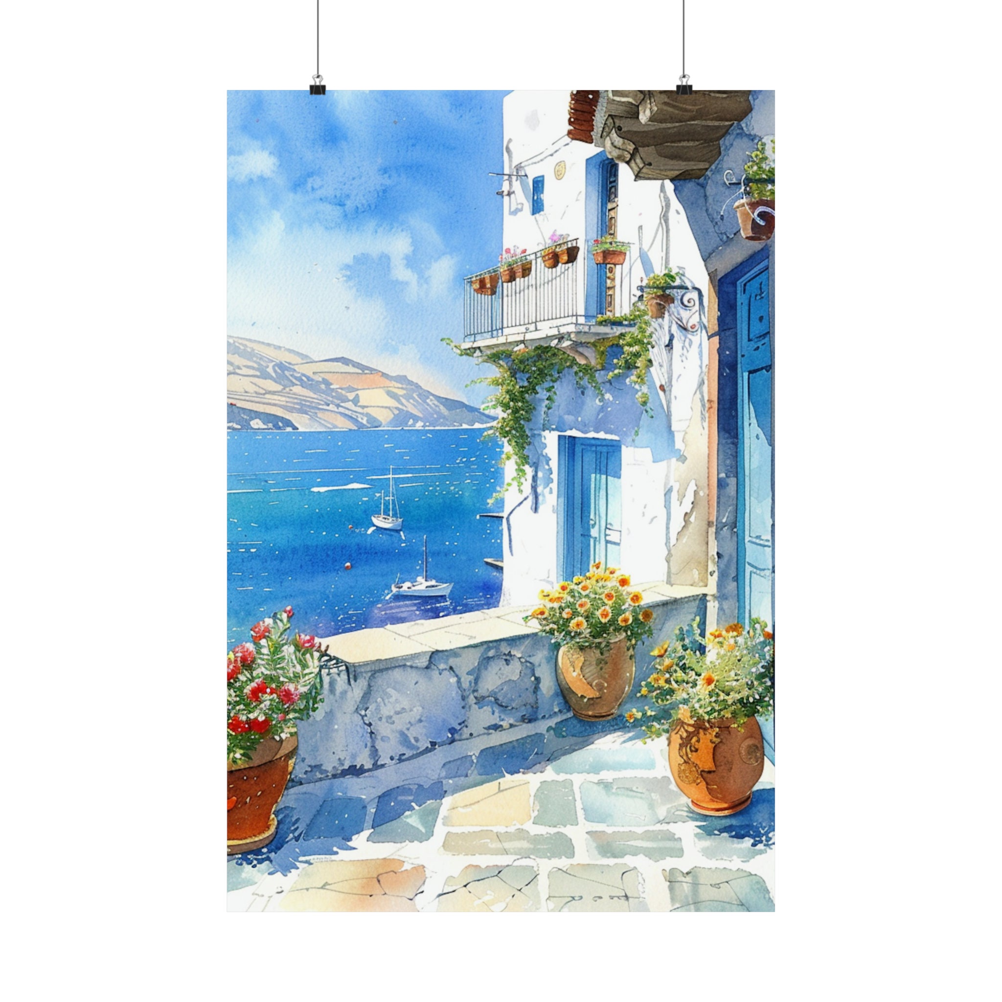 108cm ジョルジュメリス 青い壁白い階段 ギリシャ風景画絵画 アート