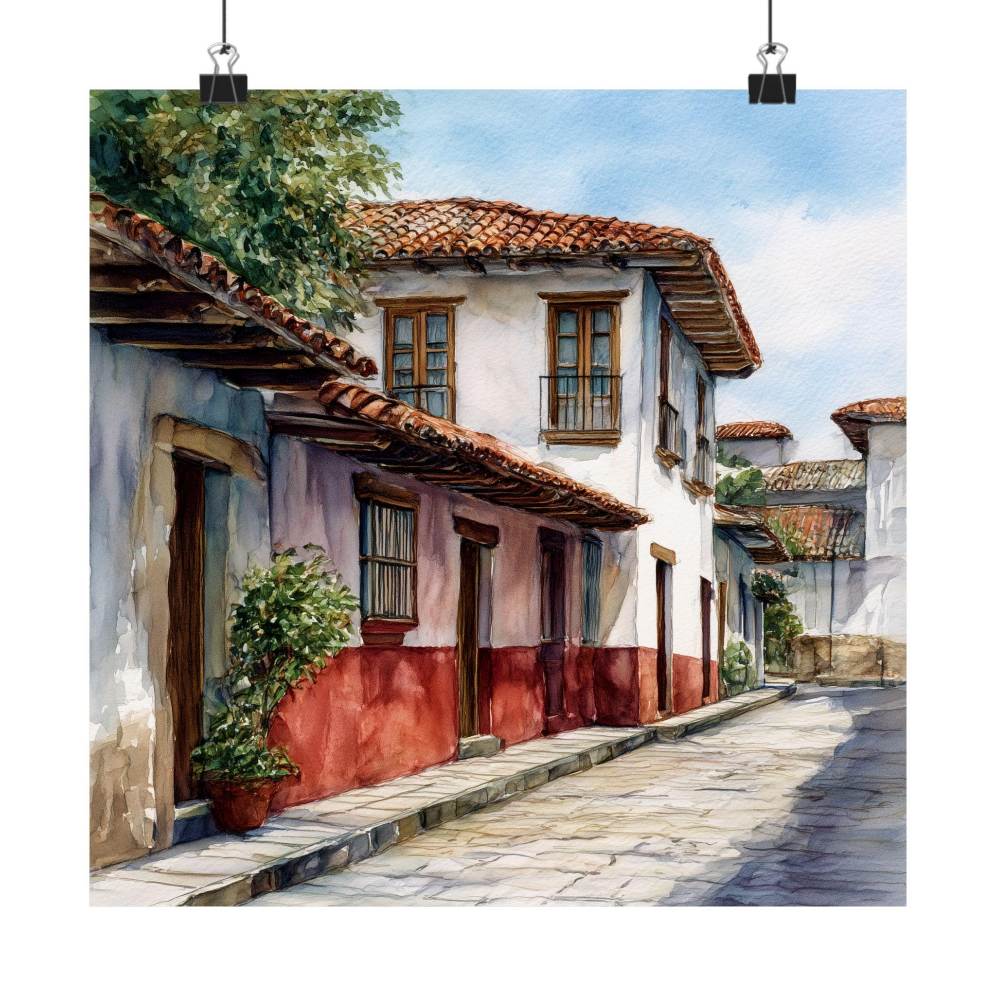 額縁込みメキシコ画家ミッドセンチュリー Michoacan Mexico Watercolor Painting: Patzcuaro Colonial