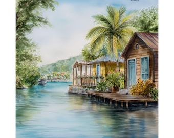 Roatan Honduras Watercolor Art Print: Caribbean Tropical Island Travel Poster