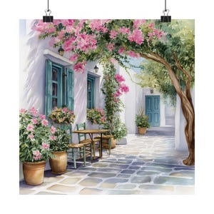 Paros Greece Wall Art, Greek Watercolor Painting, Floral Blue Door, Streetscape Print, Greece Travel Poster, Travel Gift, Greek Art Gifts