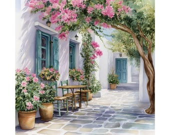 May include: A watercolor painting of a white building with a blue door and a table and chairs set up outside. Pink flowers are blooming on a tree in the foreground.