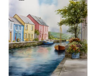Lámina de acuarela de Dingle, Irlanda: Pintura de un pueblo pesquero costero, regalo de arte de viaje irlandés