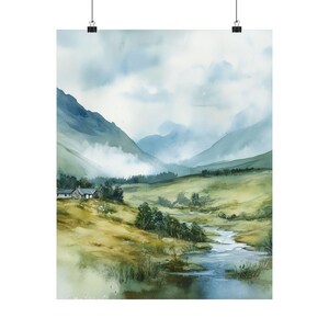 Schottland Wandbild, Scottish Highlands, Aquarell Landschaft, Misty Mountains, UK Reise Geschenk, Europa Kunst Bild 7