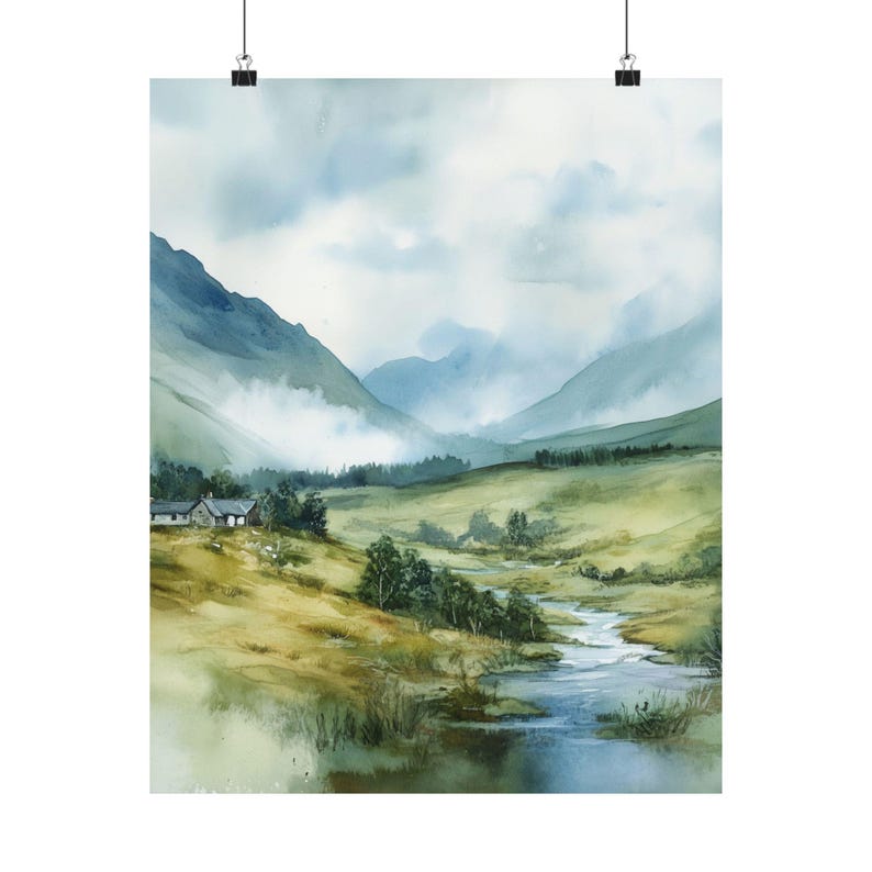 Schottland Wandbild, Scottish Highlands, Aquarell Landschaft, Misty Mountains, UK Reise Geschenk, Europa Kunst Bild 7