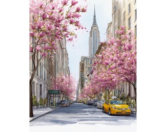 New York City Art Print, Spring Cherry Blossoms Watercolor