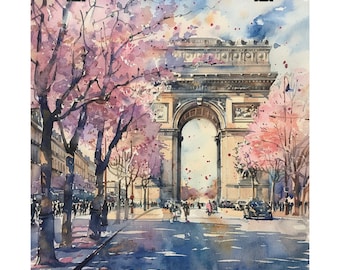 Paris Painting Arc de Triomphe Art Print, Spring Wall Art, French Cityscape Watercolor Print, France Travel Art, Travel Gift