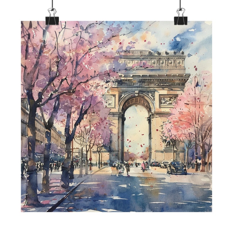 Paris Painting Arc de Triomphe Art Print, Spring Wall Art, French Cityscape Watercolor Print, France Travel Art