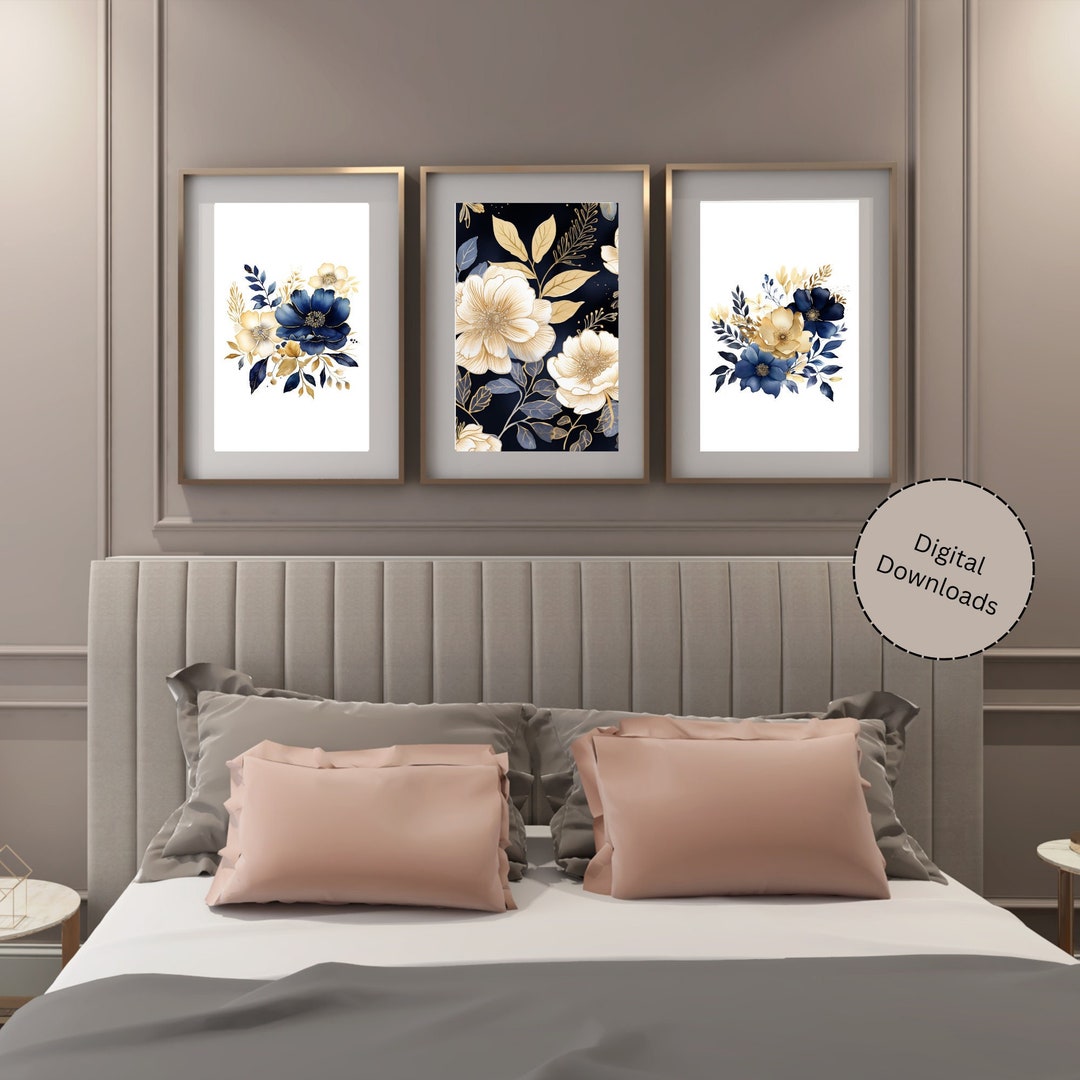 Set of 3 Vintage Floral Prints, Navy Blue and Gold Wall Art, Living