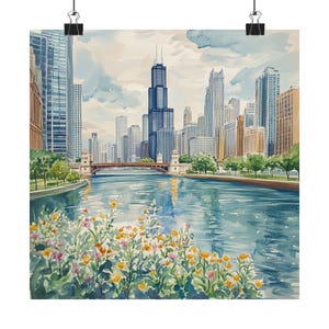 Chicago Art, US Cityscape Watercolor Painting, Willis Tower Print, Sears Tower, Chicago River, Spring Wall Art, Travel Poster, Travel Gift