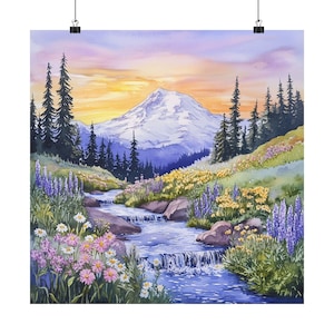 Mount Rainier Watercolor Painting: Pacific Northwest Wildflower Landscape Art