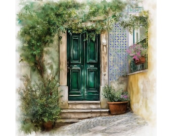 Lisbon Portugal Green door Art Print: Portuguese Azulejos Watercolor Painting, Streetscape Artwork, Travel Poster Gift