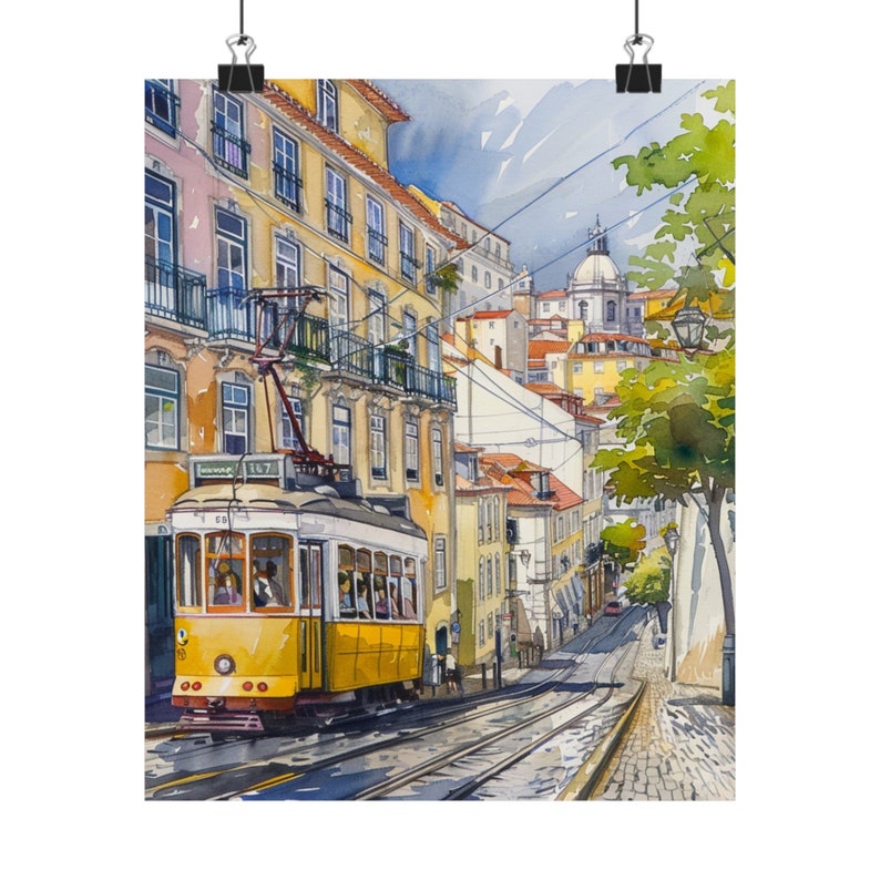 Lissabon Portugal Art Print, Lissabon Tram 28 Trolley Tram Artwork, Europese aquarel, stadsgezicht reisposter, reiscadeau afbeelding 6