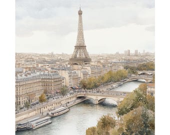 Impression aquarelle de Paris : tableau tour Eiffel, Seine, cadeau d'art de voyage Français
