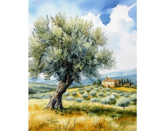 "Aquarell Olivenbaum Malerei, Toskana Landschaft Wandbild, Italien Natur Gemälde, Bauernhaus Wandkunst, rustikale Wand-Dekor Poster."