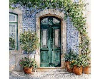 Lisbon Portugal Green Door Art Print, Travel Gift, Watercolor Painting, Portuguese Decor, European Door Painting