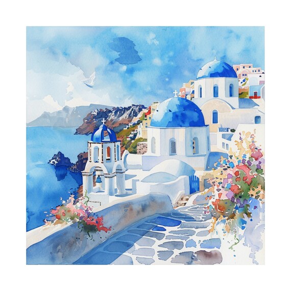 サントリーニ島の絵画 ギリシャの青いドーム エーゲ海の景色 アート