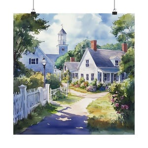 Impression d'art Cape Cod, ville pittoresque du nord-est des États-Unis en bord de mer, cottages au bord de l'océan, affiche de voyage dans le Massachusetts, cadeau de voyage