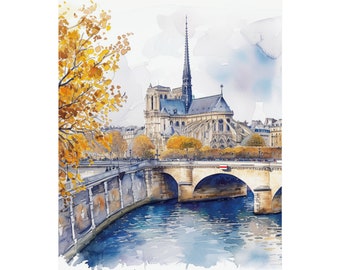 Notre Dame Cathedral Paris Art, Seine River Wall Art, Paris France Travel Art Print, Watercolor Painting Poster