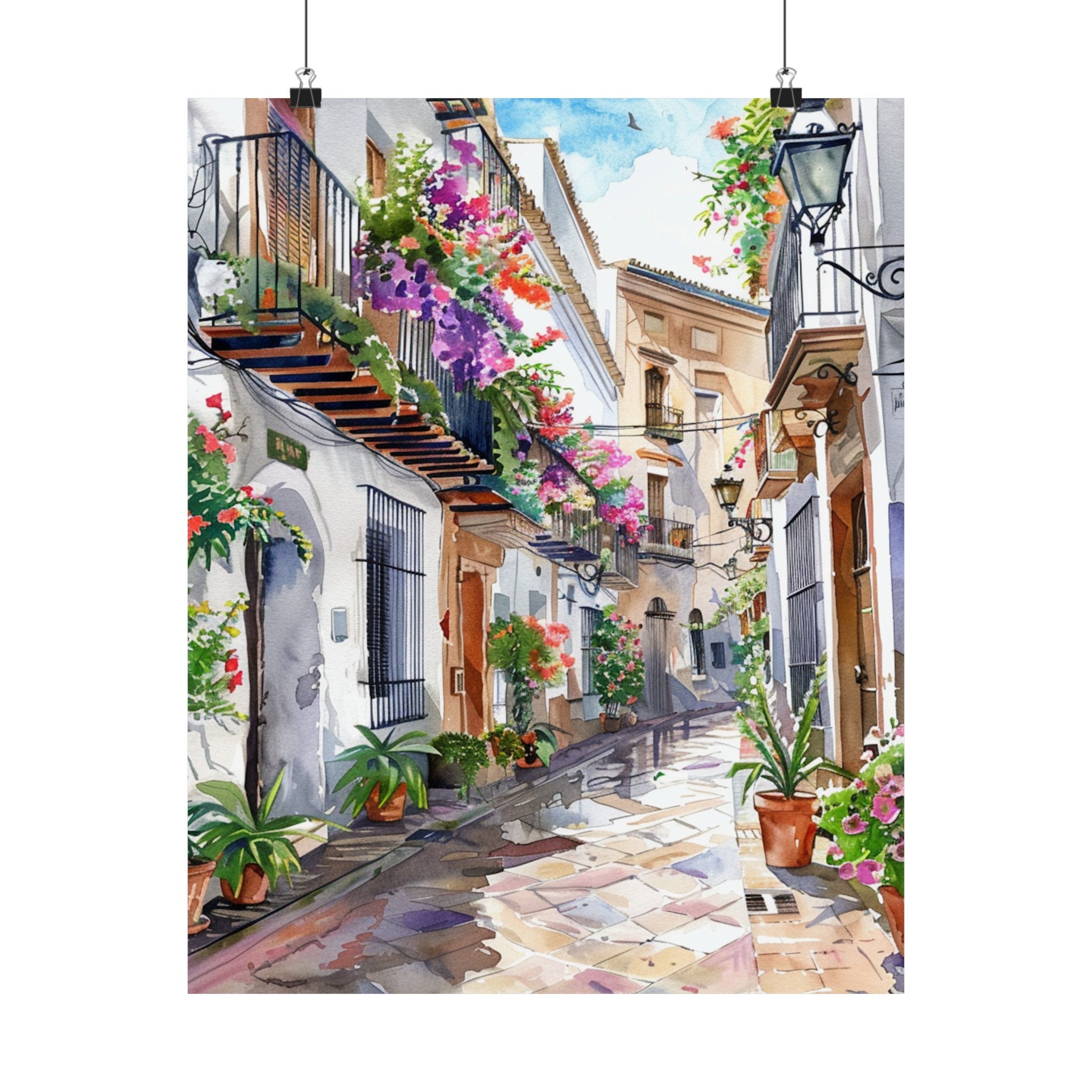 マラガの絵画 南スペインの街並みのアートプリント、花柄のスペイン