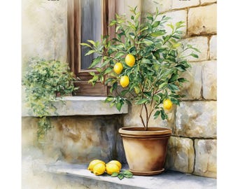 Italian Lemon Tree Watercolor Art Print: Rustic Mediterranean Decor