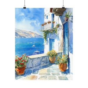 Coastal Greece Seascape Painting, Greek Wall Art, Greek Blue Door and White Building with Aegean Sea View Print, Greece Travel Art
