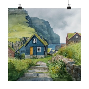 Pintura de acuarela de las Islas Feroe, Reino de Dinamarca, Techos de hierba, Obra de arte de las Islas Verdes, Póster de viaje, Regalo de viaje