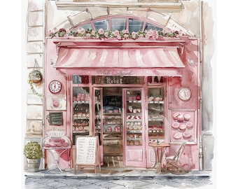 May include: A watercolor painting of a pink storefront with a sign that reads "Malt Collapsed" and "Rosell". The storefront has a large window display filled with pastries and cakes. There is a small table and chair outside the store.