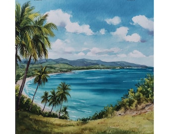Vieques Island Watercolor Art Print: Caribbean Seascape Travel Poster, Puerto Rico Painting Gift